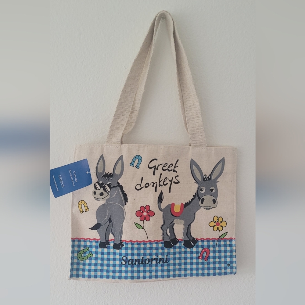 Santorini Greece Canvas Souvenir Tote Bag With Donkeys, New